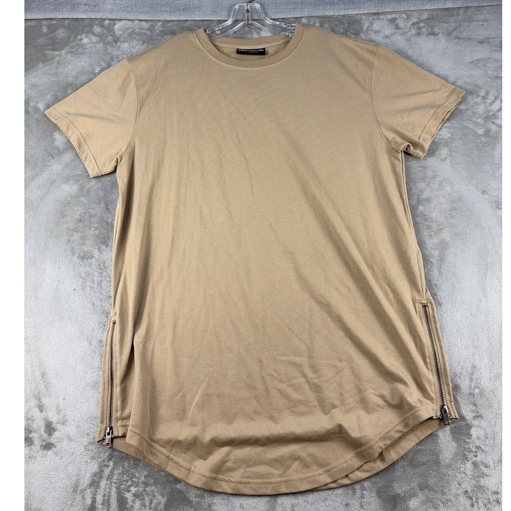 Denim House T-Shirt Mens 2X Longline Tan Side Zip Curved Hem